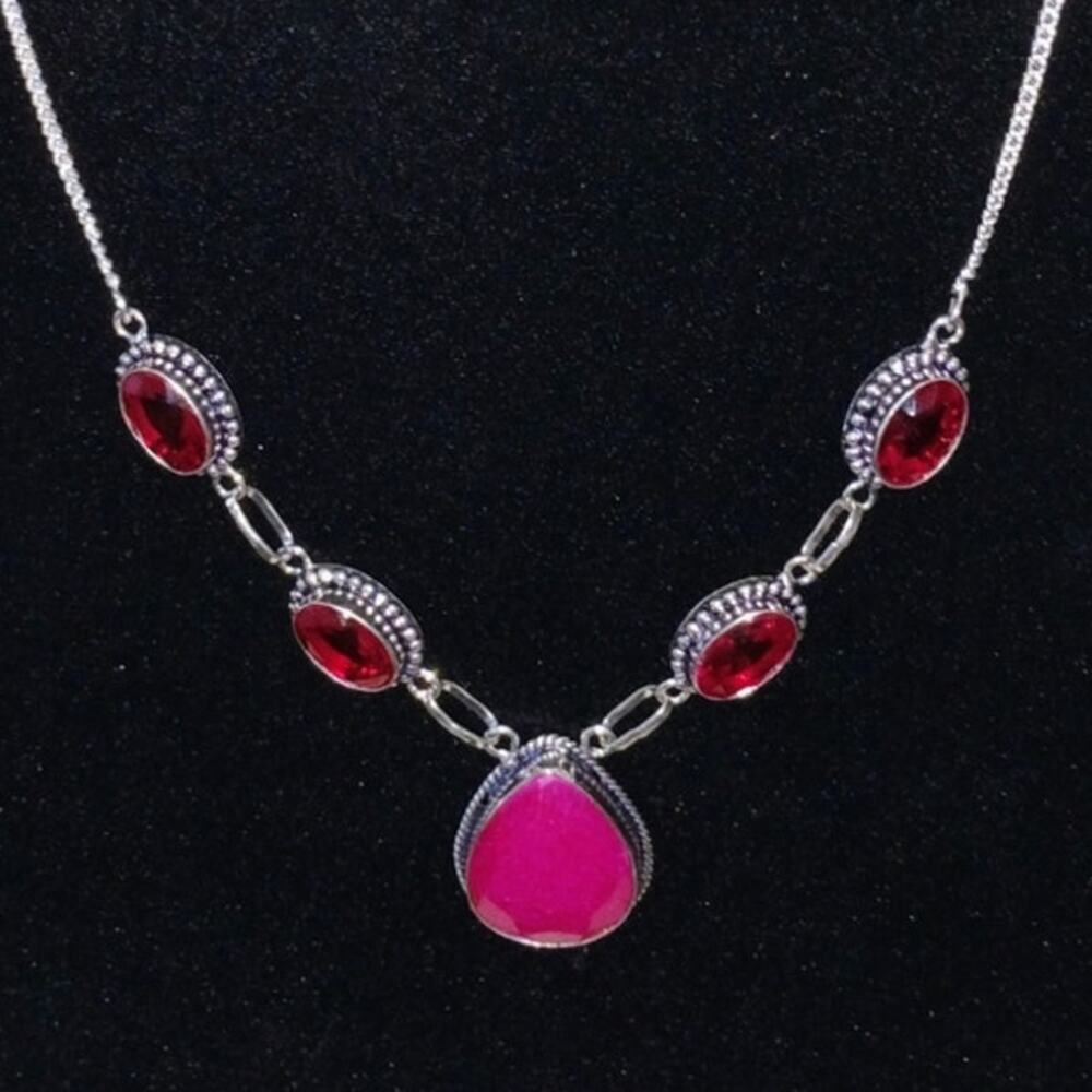 Pink Gemstone Necklace Ruby Colored Stone And Gar… - image 2